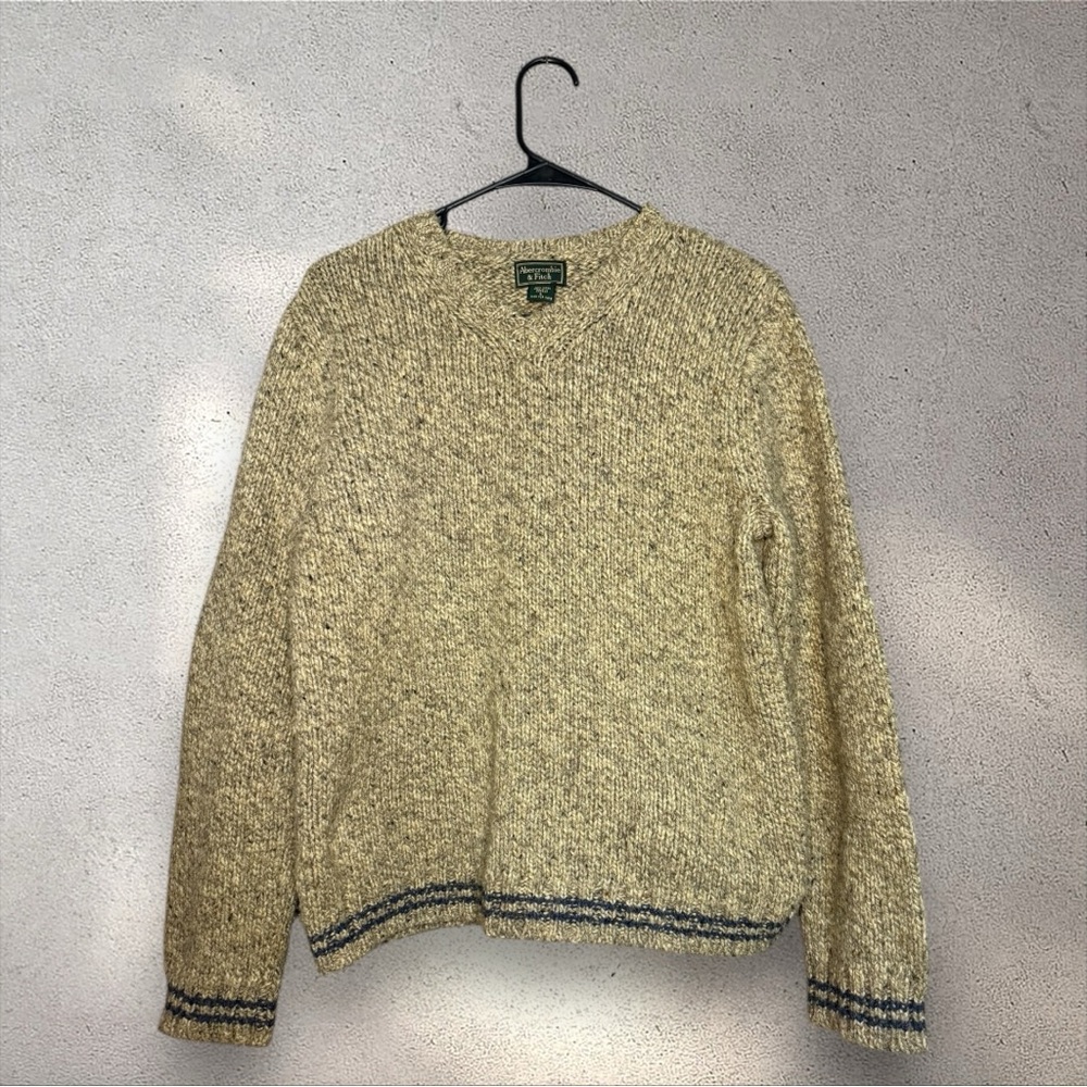 Vintage Abercrombie & Fitch Cream V-Neck Sweater with Blue Trim